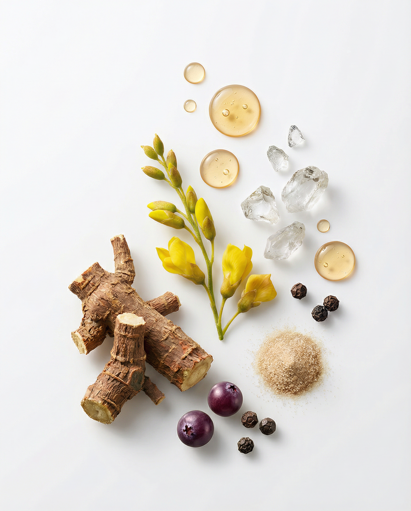 Flat lay of Juvelixir ingredients: astragalus root, yellow flowers, berries, black pepper, crystals and powder