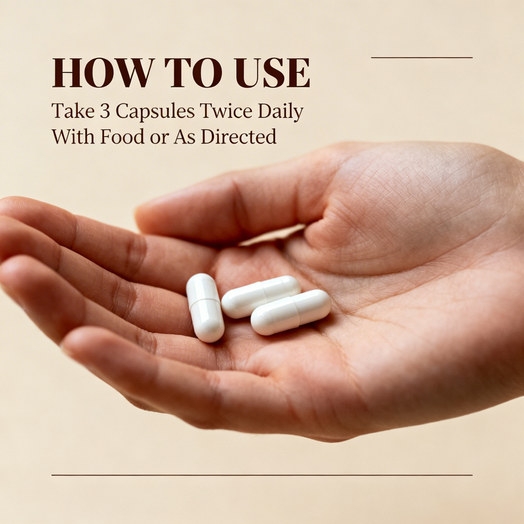 Hand holding three white Juvelixir capsules with directions to take 3 capsules twice daily with food