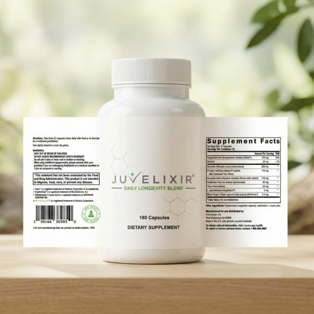 Juvelixir Daily Longevity Blend label with Supplement Facts and ingredient panel