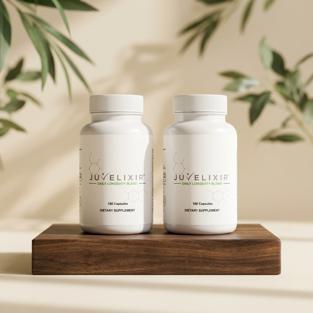 Two 180-capsule bottles of Juvelixir Daily Longevity Blend