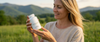 Woman holding a bottle of Juvelixir Daily Longevity Blend outdoors at sunset